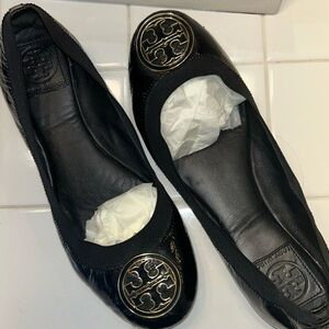 Tory Burch Black Leather Flats with Gold Logo